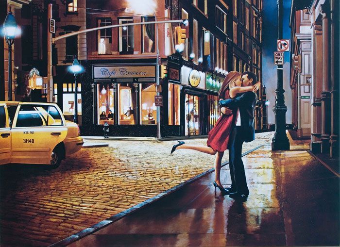 Фреска Целующаяся пара на улице у такси