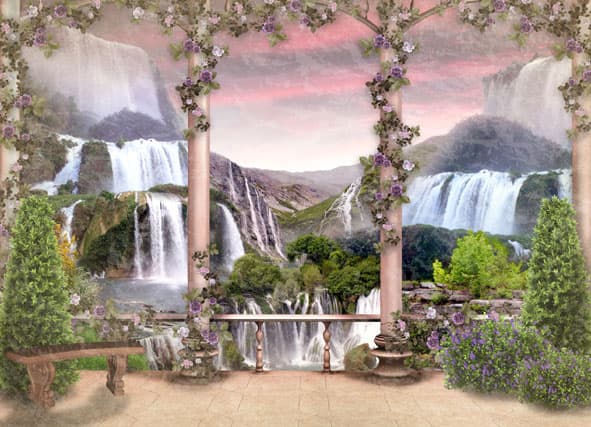 Фреска Терраса с розовыми колоннами и видом на водопады