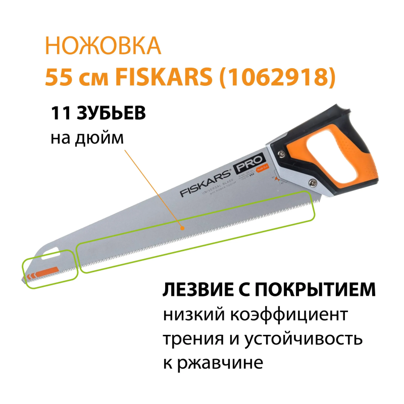 Fiskars Ножовка по дереву PowerTooth 550mm 11зубьев на дюйм
