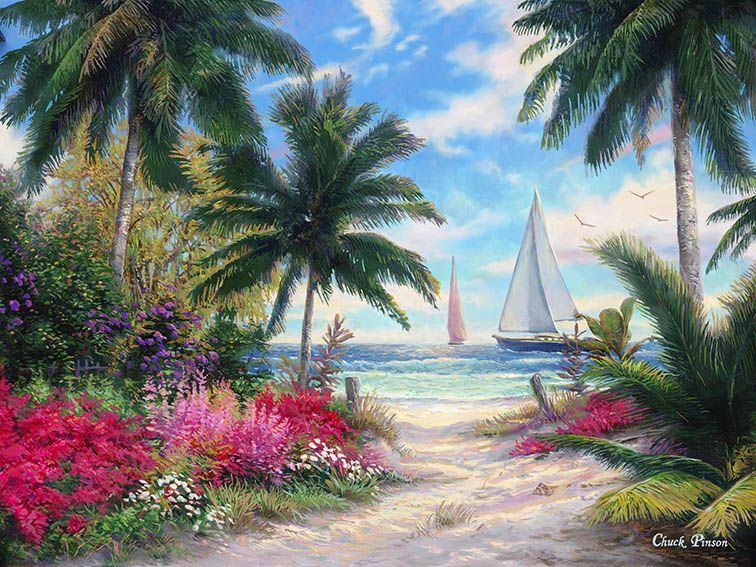 Фреска Красные цветы на морском пляже