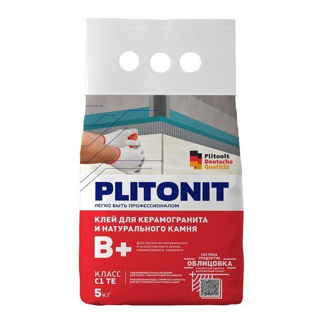 Клей для плитки/ керамогранита/ камня/ клинкера Plitonit В+ серый класс C2 TE 5 кг