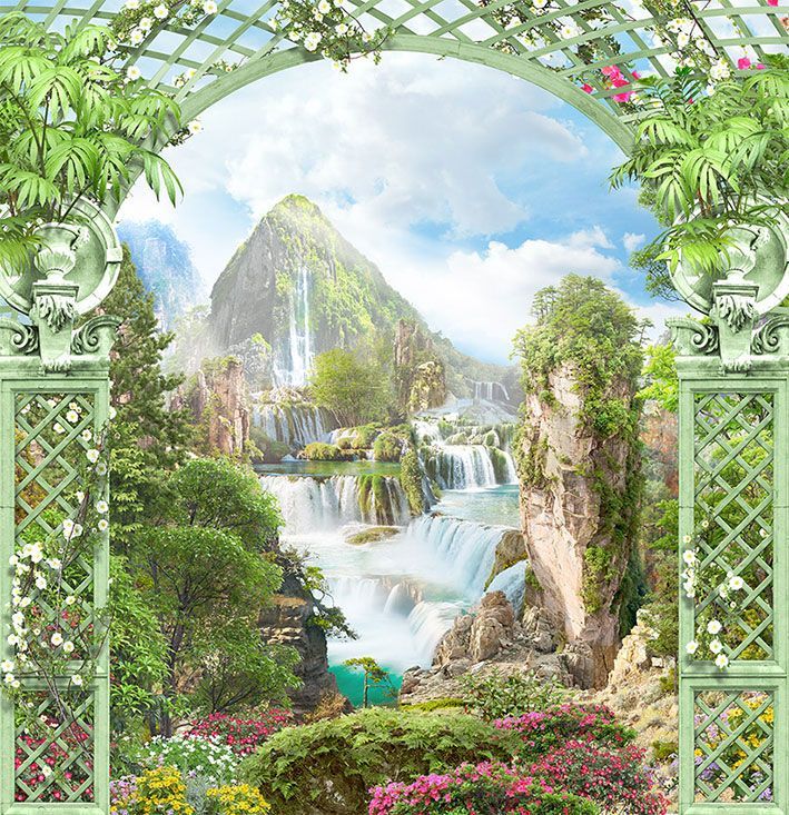 Фреска Вид на каскад водопадов из зеленой арки