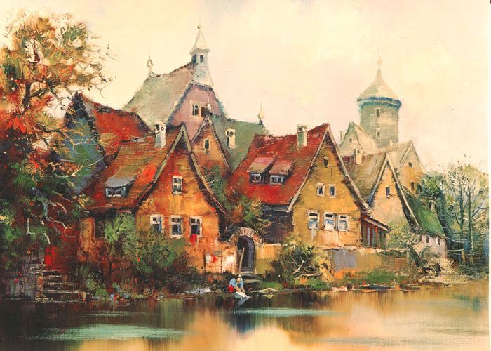 Фреска Европейская деревня на берегу реки