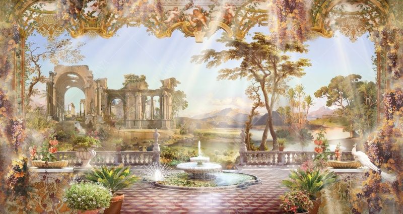 Фреска Терраса с фонтаном и павлинами, вид на развалины