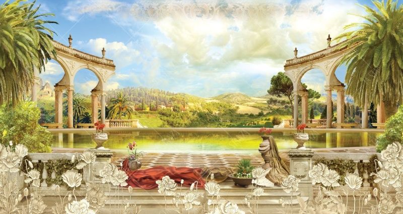 Фреска Вид с веранды на озеро, небо, пальмы и арки