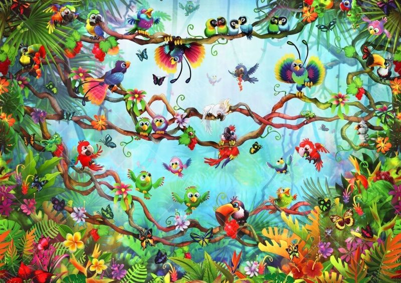 Фреска Панно джунгли — попугаи и птицы на ветках
