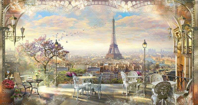 Фреска Вид из кафе с белыми столиками на Эйфелеву башню