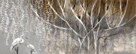 Фреска Серо-коричневое панно цапли у дерева