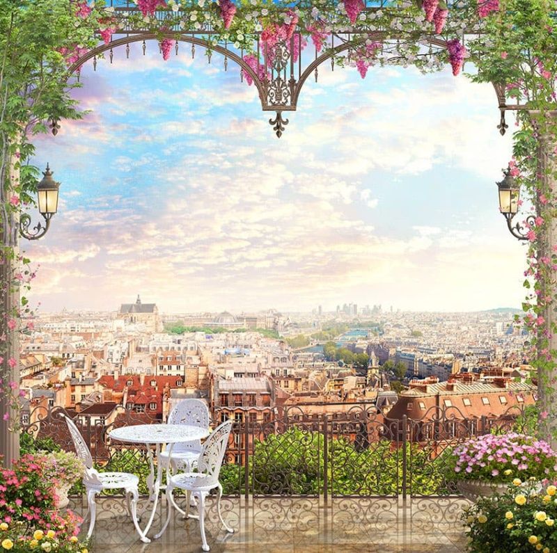 Фреска Вид на Париж через арку с розовыми цветами