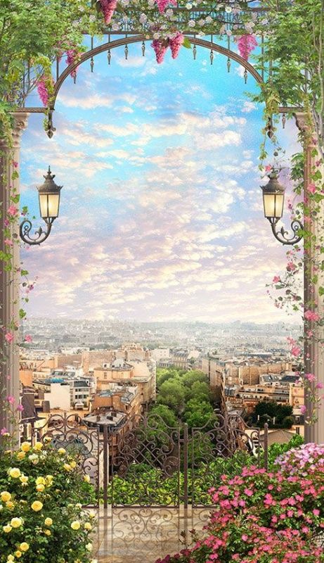 Фреска Арка с видом на город на закате