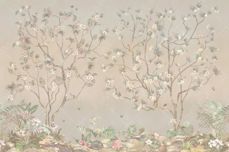 Фреска Бежевое панно с деревьями в стиле Шинуазри