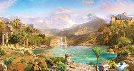 Фреска Водопад, озеро в горах, античные развалины