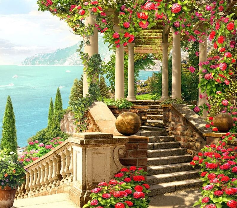 Фреска Терраса с лесенкой и яркими розовыми цветами