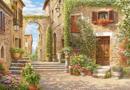 Фреска Цветущая улочка Тоскана с аркой