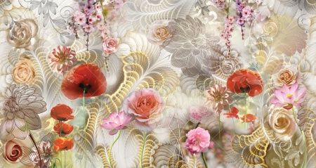 Фреска Орнамент с маками и водными лилиями