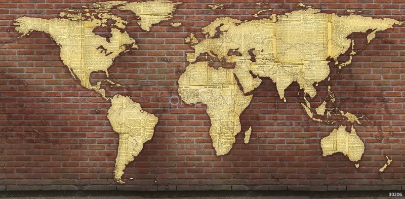 Фреска Карта мира из газет на кирпичной стене Art.30206