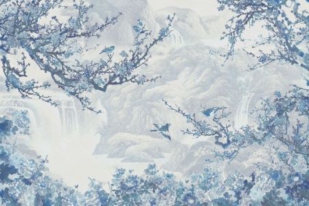 Фреска Голубое панно в японском стиле с сакурой