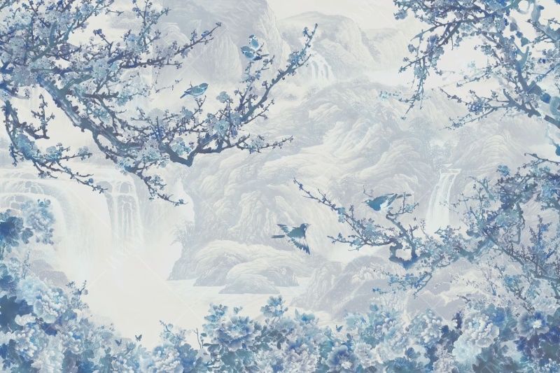 Фреска Голубое панно в японском стиле с сакурой