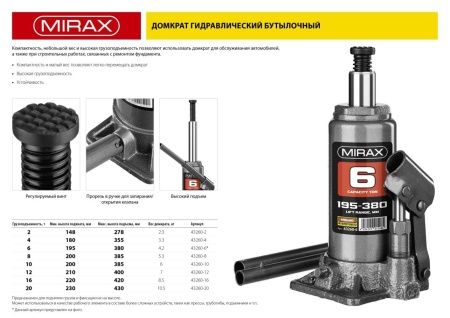 Домкрат гидравлический бутылочный, 6т, 195-380 мм, MIRAX