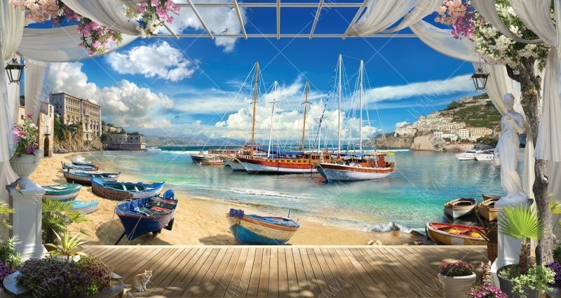 Фреска Уютная терраса, море, лодки и парусники у берега