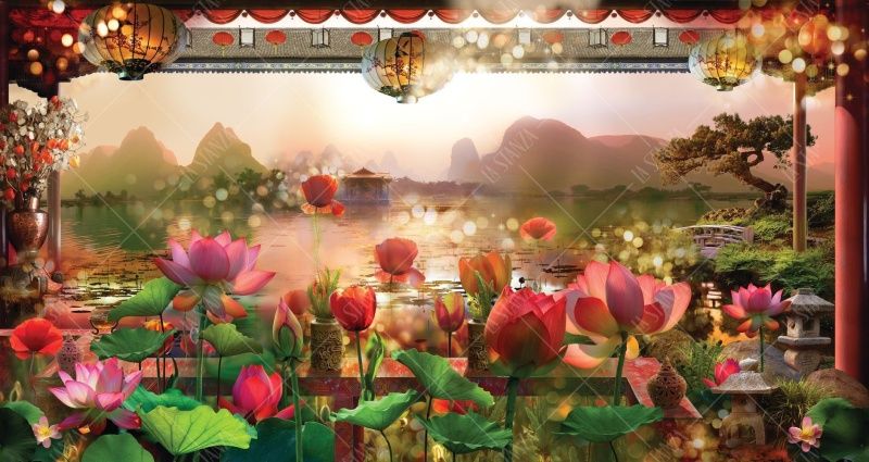 Фреска Панно водяные лилии в восточном стиле