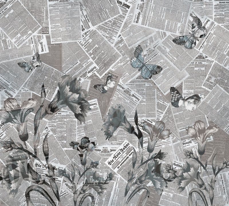 Черно-белые газеты и цветы с бабочками Art.30147