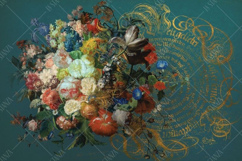 Фреска Букет цветов на зеленой фреске с каллиграфией