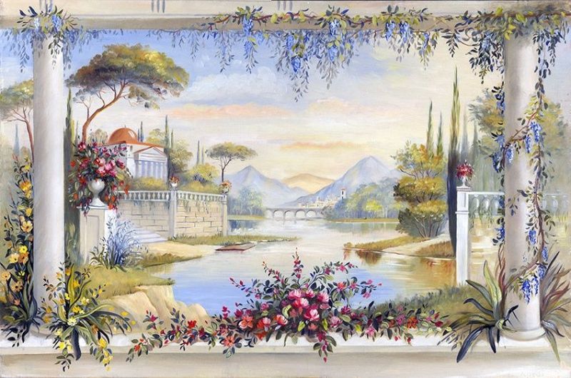 Фреска Живописные колонны обвитые цветами