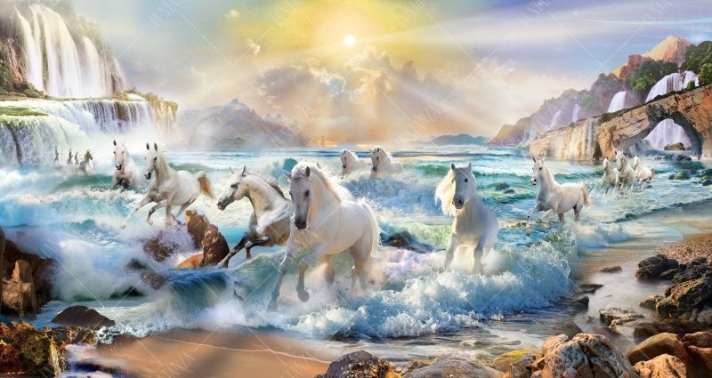 Фреска Панно-фотообои — Лошади в море, водопады, камни, скалы