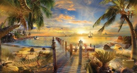 Фреска Закат на море, пальмы, пляж