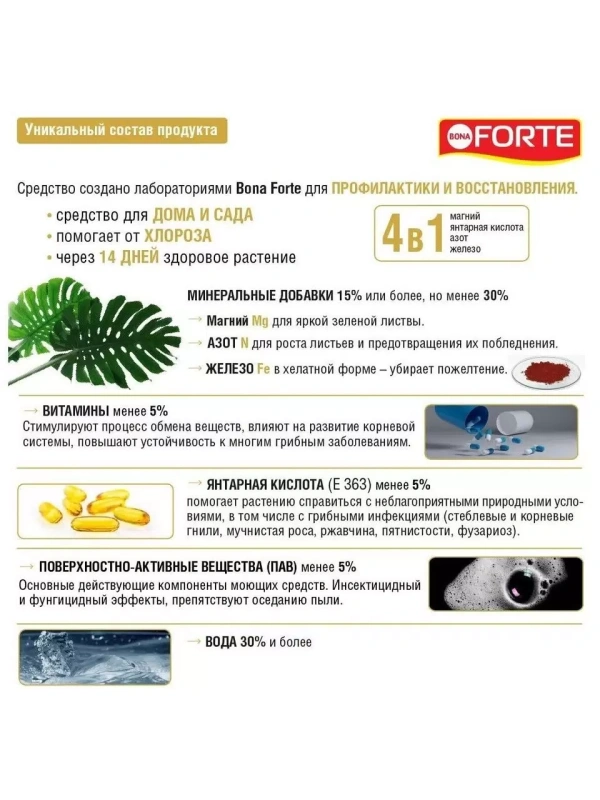 Bona Forte средство 4 в 1 от пожелтения листьев 285мл