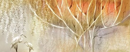 Фреска Панно Цапли в оранжевом цвете