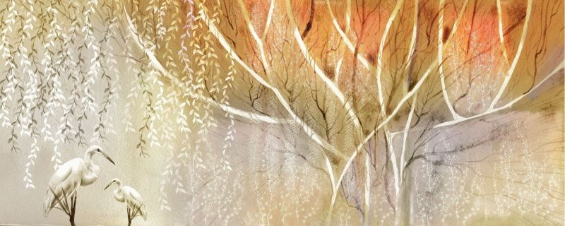 Фреска Панно Цапли в оранжевом цвете