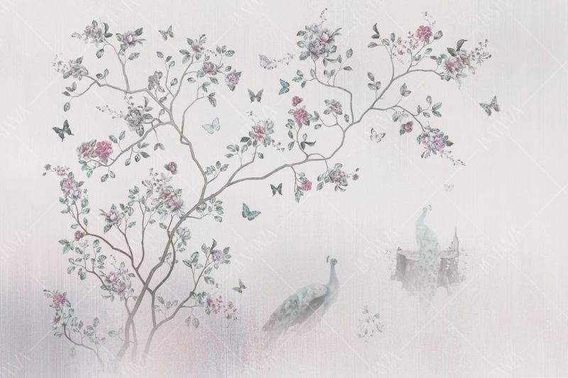 Фреска Цветущее дерево и павлины, китайская роспись