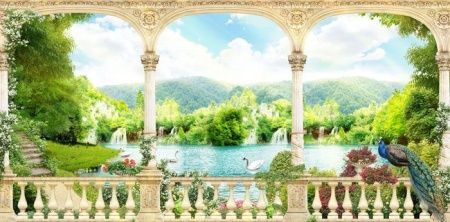 Фреска Пейзаж с арками и павлином