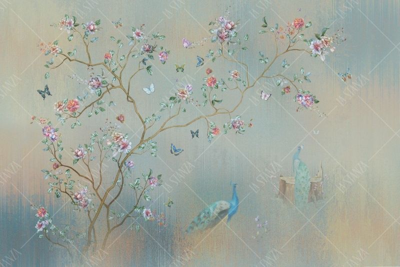 Фреска Дерево и павлины, китайское панно Шинуазри