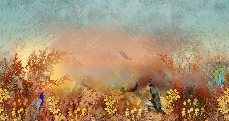 Фреска Панно павлины в зарослях