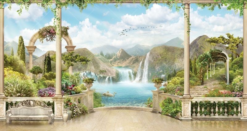 Фреска Терраса с видом на водопад, белых лебедей и арки