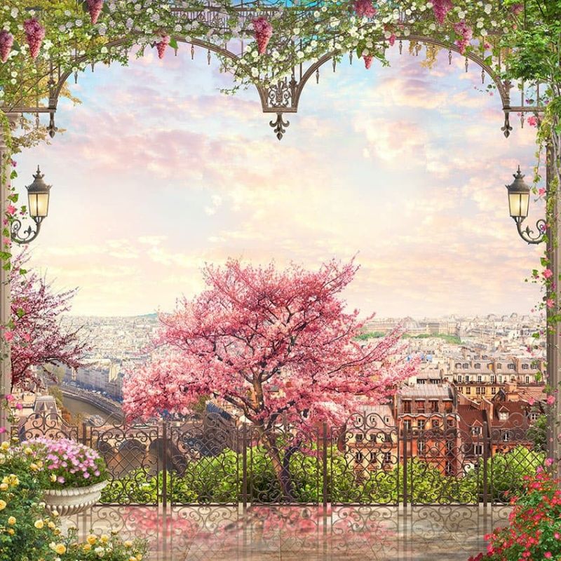 Фреска Вид на город и сакуру через кованную арку