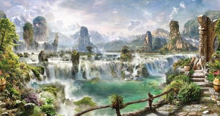 Фреска Лестница у водопада, горы