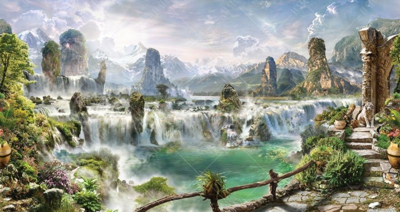 Фреска Лестница у водопада, горы