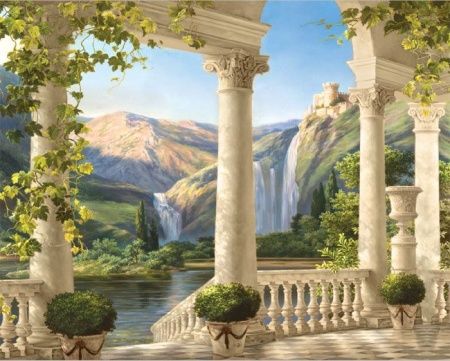 Фреска Античные колонны с живописным пейзажем