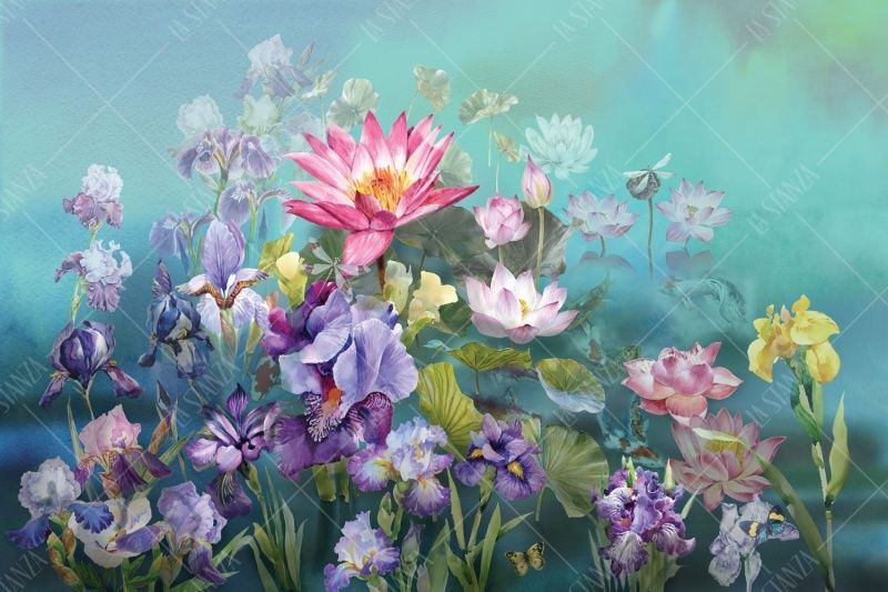 Фреска Кувшинки, водяные лилии и ирисы на бирюзовом фоне