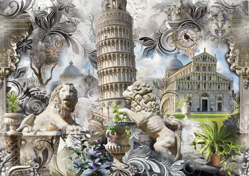 Фреска Панно-коллаж с Пизанской башней и львами