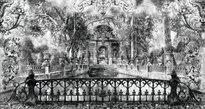 Фреска Черно-белый орнамент в античном пейзаже возле пруда