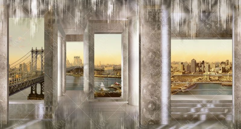 Фреска Вид из окон с веранды на Бруклинский мост и старый Нью-Йорк