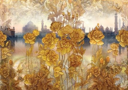 Фреска Восточный пейзаж, орнамент и золотые маки