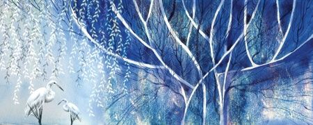 Фреска Синее панно цапли под деревом