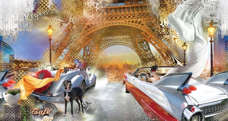 Фреска Девушки в машинах кабриолетах у подножия Эйфелевой башни