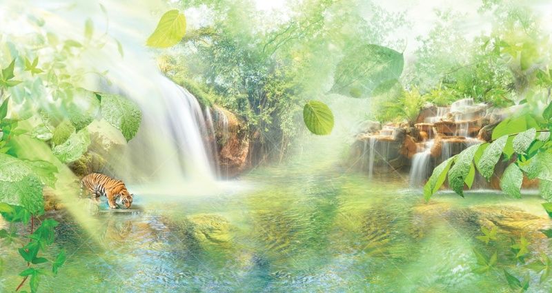 Фреска Листья, водопады, озеро, тигр у воды